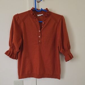 Ruffle-Neck Henley Pullover Sweater in Rust
